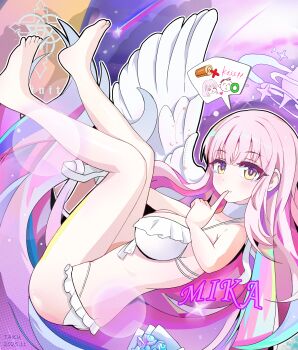 1girl absurdres angel_wings bare_arms bare_legs bare_shoulders bikini blue_archive blush breasts character_name choker cleavage collarbone commentary_request doodle_sensei_(blue_archive) feathered_wings frilled_bikini frills halo highres index_finger_raised large_breasts long_hair low_wings magami7 mika_(blue_archive) mika_(swimsuit)_(blue_archive) pink_hair pink_halo purple_eyes sandals sensei_(blue_archive) solo speech_bubble swimsuit tears very_long_hair white_bikini white_choker white_sandals white_wings wings
