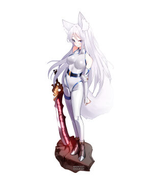 1girl absurdres animal_ear_fluff animal_ears ankle_boots arm_behind_back bare_shoulders belt blue_eyes boots bridal_gauntlets brown_boots elbow_gloves full_body gloves high_heels highres holding_own_arm leotard long_hair maguro27 original pantyhose planted planted_sword planted_weapon solo standing sword tail variant_set very_long_hair weapon white_background white_hair white_leotard white_pantyhose