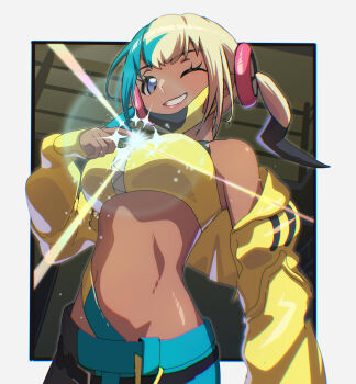 1girl absurdres aqua_hair blonde_hair blue_eyes border breasts canari_(pokemon) character_hair_ornament crop_top dark-skinned_female dark_skin grin hair_ornament highres jacket large_breasts mask mask_pull mouth_mask multicolored_hair navel nintendo off_shoulder pants pokemon pokemon_legends:_z-a smile solo split-color_hair stomach twintails two-tone_hair white_border yanagino_(yanagino3) yellow_jacket
