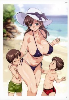 1girl 2boys absurdres age_difference ass_grab beach bikini blush breasts brown_hair bulge cameltoe cleavage hat highres isako_rokurou large_breasts mature_female multiple_boys original sexually_suggestive shorts shota source_request standing sweat swimsuit tagme thighs