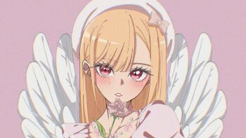 1girl absurdres blonde_hair blush collarbone eyelashes flower ganetto29 highres kitagawa_marin long_hair pink_background pink_flower pink_rose purple_eyes rose simple_background solo sono_bisque_doll_wa_koi_wo_suru upper_body