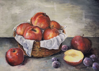 acrylic_paint_(medium) apple apple_slice basket blueberry commentary_request food food_focus fruit highres no_humans original painting_(medium) still_life traditional_media user_gknk5478