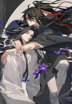 2boys ahoge alternate_hairstyle bishounen black_hair black_hanfu chinese_clothes chinese_text commission couple falling_petals floating_hair flower grey_pants hair_ribbon half_updo hanfu headband high_ponytail highres holding holding_ribbon hug lan_wangji long_hair long_sleeves looking_at_viewer male_focus modao_zushi multiple_boys pants parted_lips petals ponytail purple_flower red_eyes red_ribbon ribbon robe second-party_source shuangshou_shimingle_meibanfa sidelocks sitting sitting_on_lap sitting_on_person smile smoke topknot wei_wuxian white_hanfu white_headband white_pants white_ribbon wide_sleeves xiao_guan_(headdress) yaoi yellow_eyes