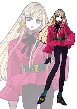 Rule 34 | 1girl, black gloves, black pants, black ribbon, black shoes, blonde hair, blue eyes, breasts, closed mouth, commentary request, earrings, full body, gigi andalusia, gloves, gold earrings, green socks, gundam, gundam hathaway's flash, hand on own hip, highres, jacket, jewelry, light smile, long hair, medium breasts, neck ribbon, pants, pink jacket, ribbon, shirt, shoes, single earring, socks, solo, standing, white background, white shirt, yasu urayaka