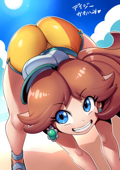 1girl absurdres aqua_trim ass baseball_cap beach bent_over bikini bikini_shorts blue_eyes brown_hair cloud commentary_request dutch_angle earrings flower_earrings hat highres huge_ass jewelry looking_at_viewer mario_(series) mario_kart mario_kart_world medium_hair nintendo official_alternate_costume princess_daisy princess_daisy_(swimwear)_(mario_kart_world) sandals short_shorts shorts side_ponytail smile solo sun swimsuit translation_request tukiwani yellow_shorts