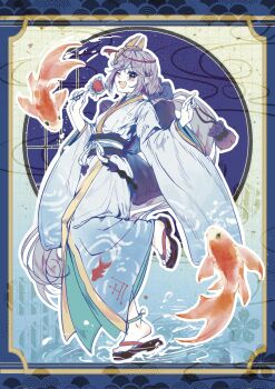 Rule 34 | 1girl, alternate costume, animal print, black sandals, blue kimono, candy apple, commentary request, fish, fish print, food, full body, goldfish, gradient clothes, gradient kimono, grey hair, grey kimono, highres, japanese clothes, kaogumaster, kimono, kinchaku, leg up, long hair, long sleeves, looking at viewer, mask, mask on head, mononobe no futo, new mask of hope, obi, obijime, one eye closed, open mouth, pouch, print kimono, sandals, sash, seigaiha, smile, solo, standing, standing on one leg, toes, touhou, touhou gensou eclipse, very long hair, wide sleeves