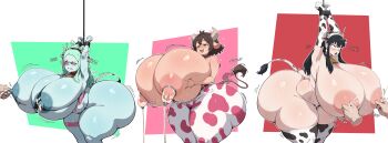 3girls absurdres animal_ears animal_print armpits arms_up ass bikini blue_shirt blush breasts colored_sclera cow_ears cow_print cow_tail cowbell curvy cyberpunk:_edgerunners cyberpunk_(series) deep_skin disembodied_hand elbow_gloves female_focus gigantic_breasts gloves green_eyes green_hair guinea highres huge_ass ishuzoku_reviewers lactation large_areolae large_nipples long_hair milking_machine monkechrome multiple_girls nipples rebecca_(cyberpunk) red_eyes red_sclera shirt short_hair skindentation spy_x_family swimsuit tail thick_thighs thighhighs thighs topless_female wide_hips yor_briar