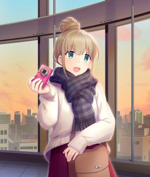 Rule 34 | 1girl, :d, bag, blue eyes, blue sky, brown bag, brown hair, building, camera, cityscape, cloud, cowboy shot, disposable camera, dot nose, evening, game cg, gradient sky, hair bun, hand up, handbag, holding, holding camera, indoors, long sleeves, official art, open mouth, orange sky, plaid clothes, plaid scarf, purple scarf, red skirt, scarf, short hair, sidelocks, single hair bun, skirt, sky, smile, solo, sweater, terashita hoozuki, third-party source, toji no miko, toji no miko: kizamishi issen no tomoshibi, white sweater, window