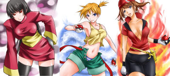 Rule 34 | 00s, 1990s (style), 3girls, bandana, black hair, blue eyes, breasts, brown hair, cleavage, fire, gym leader, hat, holding, holding poke ball, large breasts, long hair, may (pokemon), misty (pokemon), multiple girls, navel, nintendo, orange hair, panties, poke ball, pokemon, pokemon (anime), pokemon rgby, pokemon rse, red eyes, retro artstyle, rugu, sabrina (pokemon), side ponytail, striped clothes, striped panties, thighhighs, underwear, zettai ryouiki