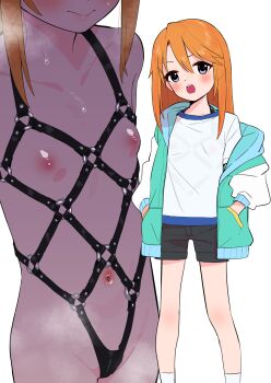 1girl bdsm bondage bondage_outfit bound breastless_clothes breasts buta_tsuzumi commentary hair_between_eyes harness highres idolmaster idolmaster_cinderella_girls jacket leather loli long_hair navel nipples o-ring orange_hair paid_reward_available see-through_clothes shorts simple_background small_breasts solo sweat sweatdrop tomboy white_background yuuki_haru