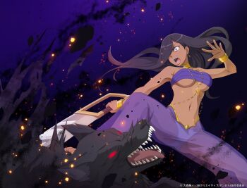 1girl aisha_belka angry anime_coloring bandeau bare_arms black_hair bracelet breasts commentary_request constricted_pupils copyright_notice danmachi_battle_chronicle dark-skinned_female dark_skin dungeon_ni_deai_wo_motomeru_no_wa_machigatteiru_darou_ka earrings gold_bracelet greatsword hair_over_one_eye hand_up harem_outfit harem_pants holding holding_sword holding_weapon jewelry large_breasts long_hair monster navel official_art one_eye_covered open_mouth panties pants purple_background purple_bandeau purple_eyes purple_pants red_lips second-party_source see-through_clothes see-through_pants stepped_on stomach sword underboob underwear weapon white_panties wolf