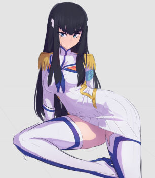 1girl absurdres anonds31 black_hair blue_eyes boots breasts closed_mouth commentary dress epaulettes high_heel_boots high_heels highres kill_la_kill kiryuuin_satsuki long_hair looking_at_viewer simple_background sitting solo thick_eyebrows thigh_boots thighhighs thighs white_background