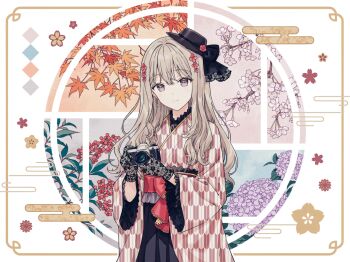 1girl autumn autumn_leaves black_gloves black_hakama black_hat branch brown_eyes brown_hair camera closed_mouth comiket_107 commentary_request egasumi flower gloves hair_flower hair_ornament hakama hakama_skirt hands_up hat highres hiten_(hitenkei) holding holding_camera japanese_clothes kimono lace lace_gloves leaf long_hair long_sleeves obi original print_kimono purple_flower red_flower sash seasons skirt smile solo spring_(season) summer tilted_headwear white_background white_flower wide_sleeves winter yagasuri