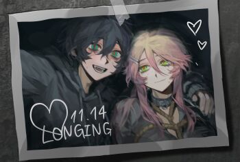 1boy 1girl bdsm black_hair bondage bound collar degrees_of_lewdity green_eyes hair_between_eyes kylar_(degrees_of_lewdity) kylar_(male)_(degrees_of_lewdity) photo_(object) pink_hair player_character_(degrees_of_lewdity) player_character_(female)_(degrees_of_lewdity) rope sleeves_past_wrists solublesalt123