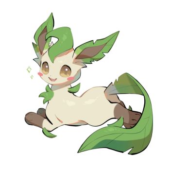 Rule 34 | animal focus, blush, blush stickers, brown eyes, brown sclera, colored sclera, fang, full body, gen 4 pokemon, green fur, leaf, leafeon, looking at viewer, nintendo, no humans, open mouth, pokemon, pokemon (creature), pokemon focus, simple background, skin fang, smile, solo, white background, yellow fur, yumeminoideyu2
