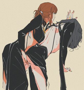 Rule 34 | 2girls, black hair, black shirt, black skirt, brown hair, clair obscur: expedition 33, commentary request, fingering, hair ribbon, highres, hoj duck, korean commentary, lune (clair obscur: expedition 33), medium hair, multiple girls, open clothes, open shirt, pussy juice, ribbon, sciel (clair obscur: expedition 33), shirt, skirt, yuri