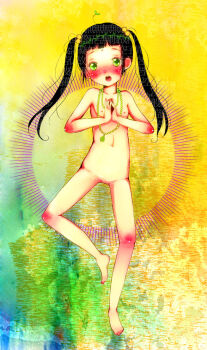 1girl artist_request barefoot beads bindi black_hair blush breasts feet female_focus full_body green_eyes hair_bobbles hair_ornament jewelry japanese_text leg_up legs loli long_hair navel necklace nipples nude open_mouth original own_hands_together pendant prayer_beads praying pussy shiny_skin small_breasts solo standing standing_on_one_leg sunburst surprised toes twintails uncensored