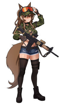 1girl absurdres animal_ears bikini black_bikini black_choker black_thighhighs boots brown_hair bt_(user_udwc7853) cadpat callisto_(greyeth) choker colt_canada_c7 combat_boots commission cropped_jacket denim denim_shorts fingerless_gloves fox_ears fox_girl fox_tail gloves goggles goggles_on_headwear hat highres knee_pads laser_sight military_hat multicolored_hair optical_sight orange_eyes original short_shorts shorts single_knee_pad solo streaked_hair swimsuit tail thigh_strap thighhighs thong_bikini white_background zettai_ryouiki
