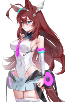 Rule 34 | 1girl, absurdres, ahoge, animal ears, bare shoulders, blue eyes, blush, breasts, brown hair, closed mouth, detached sleeves, grey hairband, grey skirt, grey sleeves, gumae, hair between eyes, hairband, highleg, highleg leotard, highres, horse ears, horse girl, horse tail, large breasts, leotard, long hair, lowleg, lowleg skirt, mihono bourbon (mb-19890425) (umamusume), mihono bourbon (umamusume), necktie, pink necktie, silver hairband, simple background, skirt, solo, tail, thighhighs, umamusume, white background, white leotard, white thighhighs