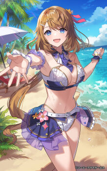 1girl armband atelier_(series) atelier_resleriana beach beach_umbrella bikini blue_eyes blue_sky breasts brown_hair commentary_request copyright_notice cowboy_shot day detached_collar eihi frilled_armband frilled_wristband frills hair_ornament hairclip highres long_hair medium_breasts navel official_alternate_costume official_art open_mouth outdoors outstretched_arm resna_sternenlicht second-party_source sky smile solo standing swimsuit umbrella white_bikini