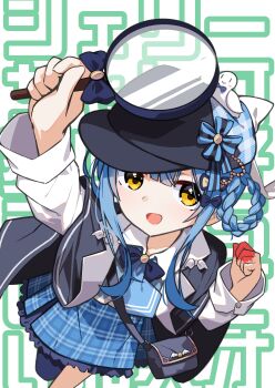 1girl :d absurdres arm_up black_bag black_capelet black_hat blue_hair blue_necktie blue_skirt braid braided_hair_rings capelet clenched_hand commentary_request deerstalker detective frilled_skirt frills from_above hair_rings hat highres holding holding_magnifying_glass long_sleeves looking_at_viewer magnifying_glass mahou_shoujo_no_majo_saiban miniskirt necktie open_mouth shishidonagi short_hair skirt smile solo standing standing_on_one_leg tachibana_sherry translation_request yellow_eyes