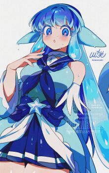 Rule 34 | 1girl, :o, artist name, bare shoulders, black channel, blue eyes, blue hair, blue neckerchief, blue sailor collar, blue shirt, blue skirt, blue sleeves, blush, breasts, commentary request, cowboy shot, detached sleeves, hand up, highres, kawasaki (kwsk 8765), large breasts, long hair, long sleeves, looking at viewer, miniskirt, mizu (black channel), neckerchief, open mouth, pleated skirt, sailor collar, shirt, simple background, skirt, sleeveless, sleeveless shirt, solo, striped clothes, striped skirt, watermark, wet, white background