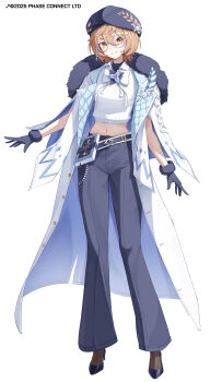 1girl absurdres belt black_belt black_gloves black_hat black_pants black_shoes book brown_eyes brown_hair clio_aite closed_mouth commentary copyright_notice english_commentary fur-trimmed_gloves fur_trim glasses gloves hat high_heels highres kurimui2 midriff navel pants phase_connect pom_pom_(clothes) quill round_eyewear shoes short_hair smile snowflakes solo virtual_youtuber white_background