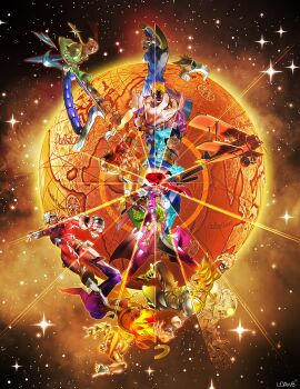 Rule 34 | 1990s (style), absurdres, aircraft, airplane, angry, armor, ayame (power stone), bandaged head, bandages, blonde hair, blood, bodysuit, boots, capcom, dark skin, edward fokker, everyone, evil smile, facial mark, fiery hair, gauntlets, gem, glint, gunrock, hat, helmet, highres, hook, huge filesize, knee boots, larry d warren jr., looking at viewer, looking back, multiple boys, multiple girls, muscular, obi, open mouth, orange eyes, pirate hat, power stone, propeller, purple eyes, red eyes, red gemstone, retro artstyle, rouge (power stone), ryouma (power stone), sash, scar, shatter, smile, spiked hair, wang-tang, wide-eyed