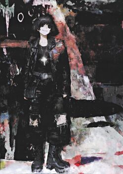 1girl absurdres american_flag androgynous baggy_pants belt black_belt black_boots black_eyes black_eyeshadow black_hair black_pants black_shirt boots commentary cross cross_necklace eyeshadow full_body highres hitboxsamurai jacket jewelry leather leather_jacket looking_at_viewer makeup necklace original pants platform_boots punk shirt short_hair smile snow solo standing studded_belt