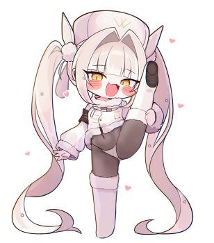 1girl absurdres armband black_armband black_pantyhose blanc_(fortune_express)_(nikke) blanc_(nikke) boots breasts covered_navel fang flexible full_body fur-trimmed_boots fur-trimmed_collar fur_trim goddess_of_victory:_nikke gusset hat high-waist_pantyhose highres holding jacket jacket_partially_removed leg_lift leg_up long_hair long_sleeves looking_at_viewer mming_(mmingis18) open_mouth panties pantyhose see-through_pantyhose simple_background skin_fang smile solo split split-color_clothes standing standing_on_one_leg standing_split twintails underwear very_long_hair white_boots white_hair