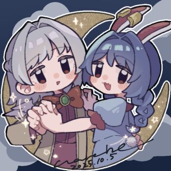 2girls :d angel_wings animal_ears blue_dress blue_hair bow bowtie braid braided_twintails brooch chibi commentary_request dated dress earclip bad_tag grey_hair hair_intakes happy interlocked_fingers jacket jewelry kishin_sagume looking_at_viewer looking_back multiple_girls no_nose open_mouth puffy_short_sleeves puffy_sleeves purple_dress rabbit_ears red_bow red_bowtie seiran_(touhou) short_hair short_sleeves signature smile touhou triangle_mouth warabe_(be-san) wings