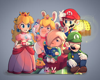 2boys 3girls :d :o animal_slippers aqua_dress arm_up armchair blonde_hair blue_eyes blue_gemstone blue_overalls blue_pants book brown_footwear brown_hair bunny_slippers cellphone cellphone_charm chair character_charm character_doll charm_(object) closed_eyes closed_mouth commentary_request crown cup doll dress earrings elbow_gloves facial_hair gem gloves green_headwear green_shirt grey_background hair_over_one_eye hat highres hiyashimeso holding holding_book holding_phone holding_tray jewelry lamp lens_flare long_hair long_sleeves looking_at_another looking_down luigi mario mario_(series) mario_+_rabbids_sparks_of_hope mini_crown mug multiple_boys multiple_girls mustache nintendo on_chair one_eye_covered open_book open_mouth overalls pants phone pink_dress pink_slippers princess_peach puffy_short_sleeves puffy_sleeves rabbid_luma rabbid_peach rabbid_rosalina raving_rabbids reading red_gemstone red_headwear red_shirt rug selfie shirt shoes short_hair short_sleeves simple_background sitting sleeping sleeping_upright slippers smartphone smile smirk sphere_earrings standing star_(symbol) star_earrings steam stuffed_toy tray u_u unworn_slippers white_gloves