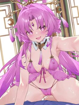 1girl 1other alternate_breast_size animated animated_gif babydoll blinking breasts cameltoe fang forehead_jewel fu_xuan_(honkai:_star_rail) girl_on_top honkai:_star_rail honkai_(series) indoors large_breasts long_hair looking_at_viewer navel paid_reward_available panties pink_babydoll pink_eyes pink_hair pink_panties skin_fang stomach underwear very_long_hair waterring