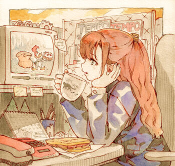 1girl cake calendar_(object) chair coffee coffee_mug commentary cup desk english_commentary eudetenis food formal_clothes from_side green_eyes half_updo head_rest highres holding holding_cake holding_cup holding_food indoors leaning_forward long_hair mug office_chair office_lady orange_hair original pen profile purple_suit sandwich shirt sidelocks sleeve_cuffs solo sticky_note suit swivel_chair traditional_media watching_television wavy_hair white_shirt woody_woodpecker