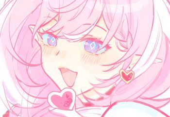 1girl chinese_commentary commentary_request earrings elf elysia_(hi_love_elf)_(honkai_impact) elysia_(honkai_impact) heart heart_earrings highres honkai_(series) honkai_impact_3rd jewelry multicolored_hair open_mouth pink_hair pointy_ears portrait purple_eyes smile solo two-tone_hair white_hair william_(lofter_895662039091)