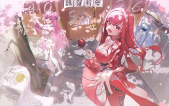 4girls absurdres anis_(nikke) brown_hair candy_apple closed_eyes dorothy_(nikke) fingerless_gloves food gloves goddess_of_victory:_nikke highres holding holding_candy_apple holding_food japanese_clothes kenka_(user_hrjm2543) kimono long_hair looking_at_viewer medium_hair multiple_girls nayuta_(nikke) open_mouth outdoors outstretched_hand pink_eyes pink_hair pink_kimono rapi_(nikke) red_eyes red_hair red_kimono smile thighhighs very_long_hair white_gloves white_hair white_kimono white_thighhighs