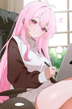 1girl absurdres antenna_hair baggy_clothes bare_legs chair commentary from_below hair_between_eyes half-closed_eyes highres holding holding_stylus holding_tablet_pc indoors long_hair looking_at_viewer mumble_(shachimu) notice_lines office_chair orca original oversized_sweater pink_eyes pink_hair shusuchii sidelocks sitting sleeves_past_wrists smile speech_bubble stuffed_animal stuffed_toy stylus sweater swivel_chair symbol-only_commentary tablet_pc tree turtleneck turtleneck_sweater two-tone_sweater very_long_hair window