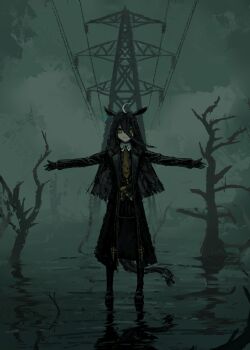 1girl absurdres animal_ears arms_up bare_tree belt black_belt black_coat black_gloves black_hair black_pantyhose black_shirt black_skirt coat collared_shirt contrast_collar dog gloves hair_between_eyes highres horse_ears horse_girl horse_tail long_hair long_hair_between_eyes long_sleeves manhattan_cafe_(creeping_black)_(umamusume) manhattan_cafe_(umamusume) multicolored_hair necktie outdoors pantyhose shirt skirt solo tail thefatum transmission_tower tree umamusume very_long_hair wading white_hair yellow_necktie