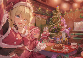 5girls absurdres alternate_costume animal_costume animal_ears blonde_hair blue_eyes cake capelet christmas_tree closed_mouth crow_(la+_darknesss) demon_girl demon_horns dress food fur-trimmed_capelet fur-trimmed_dress fur-trimmed_headwear fur-trimmed_skirt fur_trim grey_hair hakui_koyori hat highres hololive holox horns kama_boko17 kazama_iroha kokoro_(hakui_koyori) la+_darknesss long_hair looking_at_viewer multicolored_hair multiple_girls open_mouth pink_hair plate pokobee purple_streaks red_capelet red_dress red_hat red_skirt reindeer_costume sakamata_chloe santa_costume santa_dress santa_hat skirt smile streaked_hair tail takane_lui turkey_(food) virtual_youtuber wolf_ears wolf_girl wolf_tail