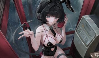 1girl :q absurdres alternate_costume animal_ears between_breasts black_hair black_necktie breasts cleavage clothing_cutout commentary_request fake_animal_ears fishnet_pantyhose fishnets flower green_eyes heart_cutout highres holding holding_phone jane_doe_(zenless_zone_zero) large_breasts long_hair looking_at_viewer malsuk mouse_ears mouse_tail navel_cutout necktie necktie_between_breasts pantyhose phone phone_booth playboy_bunny rabbit_ears rain red_hair solo sweat tail thighs tongue tongue_out white_flower zenless_zone_zero