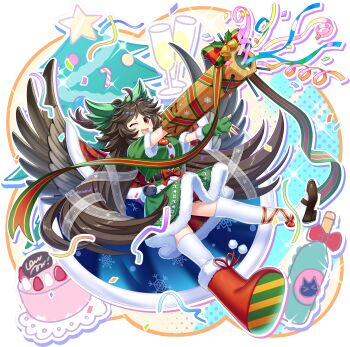 1girl alternate_costume arm_cannon asymmetrical_footwear bell belt bird_wings boots bottle bow brown_hair brown_shoes cake champagne_flute confetti control_rod_(touhou) cup dress drinking_glass fingerless_gloves food fur-trimmed_boots fur-trimmed_dress fur_trim game_cg gloves green_bow green_gloves hair_bow highres long_hair looking_at_viewer mary_janes mismatched_footwear official_art one_eye_closed open_mouth red_boots red_eyes reiuji_utsuho rotte_(1109) shoes smile snowflakes solo thighhighs third-party_source third_eye third_eye_on_chest touhou touhou_lostword transparent_background very_long_hair weapon white_thighhighs wings