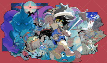 3girls 6+boys aqua_cloak armor ass baramos battle beard bikini_armor black_hair blue_eyes blue_gemstone blue_tunic boots breasts brown_boots brown_gloves brown_hair castle clenched_teeth cloak dragon_quest dragon_quest_iii dress facial_hair forehead_protector furrowed_brow gem gloves green_hood hat hero_(dq3) holding holding_staff holding_sword holding_weapon hood hood_up large_breasts long_hair mage_(dq3) man_o&#039;_war_(dragon_quest) monster_girl multiple_boys multiple_girls mustache pants pink_hair red_background sage_(dq3) shirt short_hair sideboob slime_(dragon_quest) slit_pupils staff sword teeth thighs tongue tongue_out tunic warrior_(dq3) watermark weapon white_dress white_hair white_pants white_shirt wide_sleeves witch_hat yellow_boots zinguuzisaburou