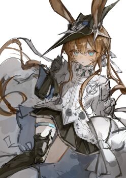 1girl :o amiya_(arknights) amiya_(guard)_(arknights) amiya_(guard)_(in_a_myriad_of_universes)_(arknights) animal_ear_fluff animal_ears arknights black_gloves black_hat black_skirt black_thighhighs blue_eyes brown_hair commentary_request ears_through_headwear gloves hair_between_eyes hand_up hat highres lch long_hair looking_at_viewer mini_hat parted_lips pleated_skirt rabbit_ears shirt simple_background single_thighhigh sketch skirt solo thighhighs very_long_hair white_background white_shirt