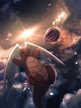 brown_fur claws closed_eyes closed_mouth colored_skin dragon dragonite feathered_wings flying full_body gen_1_pokemon gen_2_pokemon head_wings highres horns leg_wings mega_dragonite mega_pokemon nintendo no_humans oguraan open_mouth orange_skin outdoors pokemon pokemon_(creature) pokemon_focus single_horn sky smile swinub tail wings