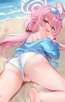 1girl absurdres ahoge ass beach bikini blue-tinted_eyewear blue_archive blue_eyes blue_jacket chocola_vt eyewear_on_head fang frilled_bikini frills hair_bobbles hair_ornament halo heterochromia highres hoshino_(blue_archive) hoshino_(swimsuit)_(blue_archive) huge_filesize jacket loli long_hair looking_at_viewer looking_back low_twintails official_alternate_costume open_mouth outdoors pink_hair pink_halo pussy pussy_peek sand shore skin_fang solo starfish sunglasses swimsuit teasing tinted_eyewear twintails water white-framed_eyewear white_bikini yellow_eyes
