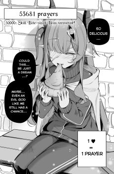 Rule 34 | 1girl, absurdres, bandage over one eye, bench, blush, clover dot (clov erd), commentary, eating, english commentary, english text, food, greyscale, half-closed eye, highres, holding, holding food, horns, jacket, long hair, long sleeves, monochrome, on bench, one eye covered, original, pants, pointy ears, sitting, solo, speech bubble, tearing up, tears, track jacket, track pants