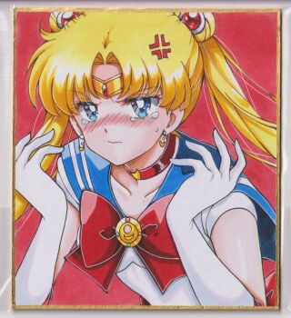 1girl anger_vein angry back_bow bishoujo_senshi_sailor_moon blonde_hair blue_eyes blue_sailor_collar bow bowtie chikoto_(kztc4472) choker closed_mouth crescent crescent_earrings crying crying_with_eyes_open double_bun earrings elbow_gloves gloves hair_bun hair_ornament highres jewelry long_hair photo_(medium) red_bow red_bowtie red_choker sailor_collar sailor_moon sailor_senshi_uniform skirt solo tears traditional_media transformation_brooch_(sailor_moon) tsukino_usagi twintails v-shaped_eyebrows white_gloves