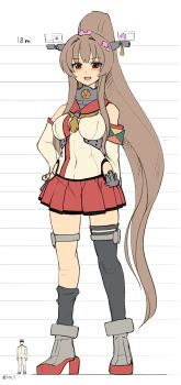 1boy 1girl admiral_(kancolle) anchor blush breasts brown_hair chart check_translation clothing_cutout detached_sleeves flower giant giantess hair_flower hair_ornament hand_on_own_hip hands_on_own_hips hat headgear height_chart high_heels highres hip_vent kantai_collection large_breasts long_hair military military_hat military_uniform mugshot naval_uniform ponytail seo_tatsuya single_thighhigh size_difference thighhighs translation_request yamato_(kancolle) z_flag