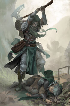 2others absurdres armor armored arms_up axe backpack bag bedroll belt blonde_hair boots breastplate brown_bag closed_mouth dark_skin dustin_panzino elf closed_eyes fantasy fog glowing glowing_eyes greaves grey_hair highres holding holding_axe holding_weapon hood hood_up leaf lying multiple_others on_side original outdoors parted_lips pauldrons plant pointy_ears procreate_(medium) red_eyes robe shoulder_armor spikes tree vambraces weapon