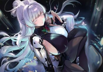 1girl black_bodysuit blush bodysuit breasts closed_eyes colored_eyelashes gijang goddess_of_victory:_nikke grey_hair half_updo highres large_breasts long_hair long_sleeves nayuta_(nikke) sideboob solo thighs white_eyelashes